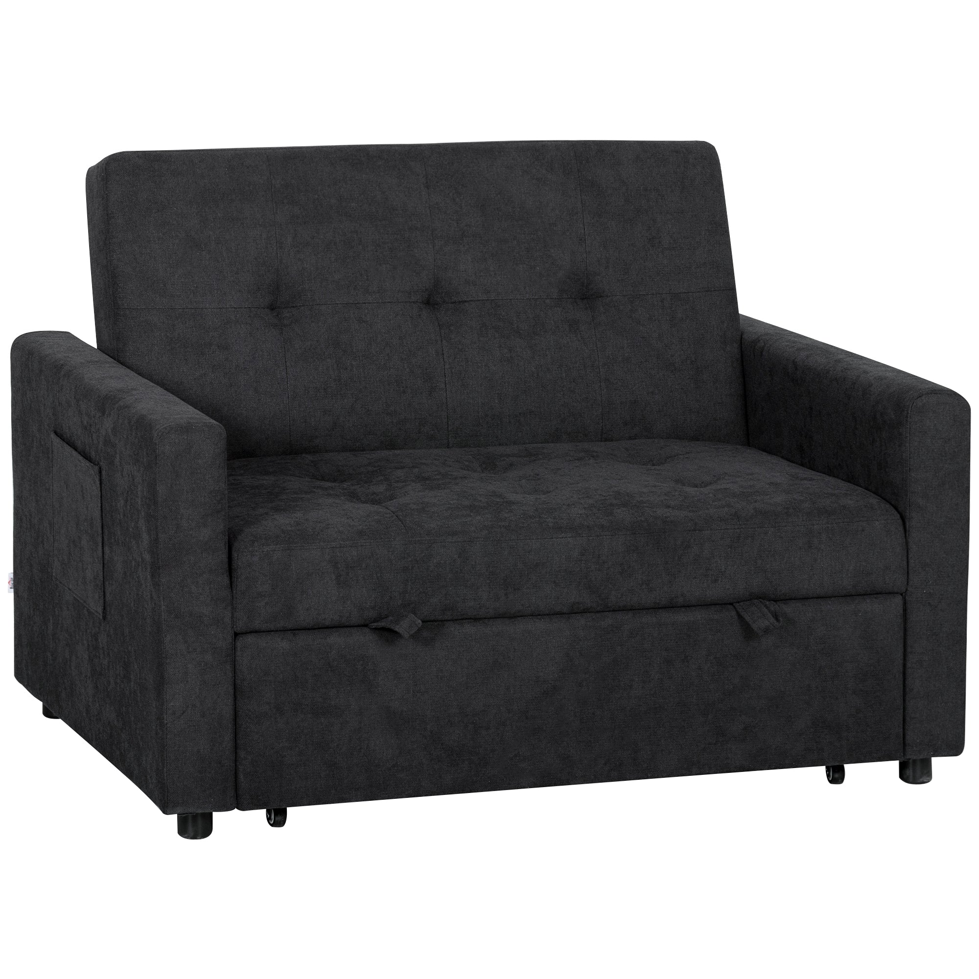HOMCOM Loveseat Sofa Bed, Convertible Bed Settee with 2 Pillows, Side Pockets, Black 