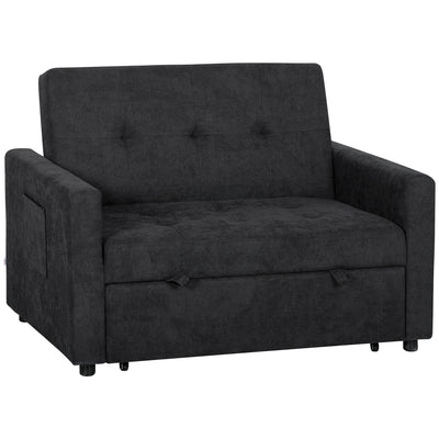 HOMCOM Loveseat Sofa Bed, Convertible Bed Settee with 2 Pillows, Side Pockets, Black 