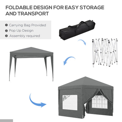 Outsunny 3 x 3 Meters Pop Up Water Resistant Gazebo Wedding Camping Party Tent Canopy Marquee with Carry Bag and 2 Windows, Grey 