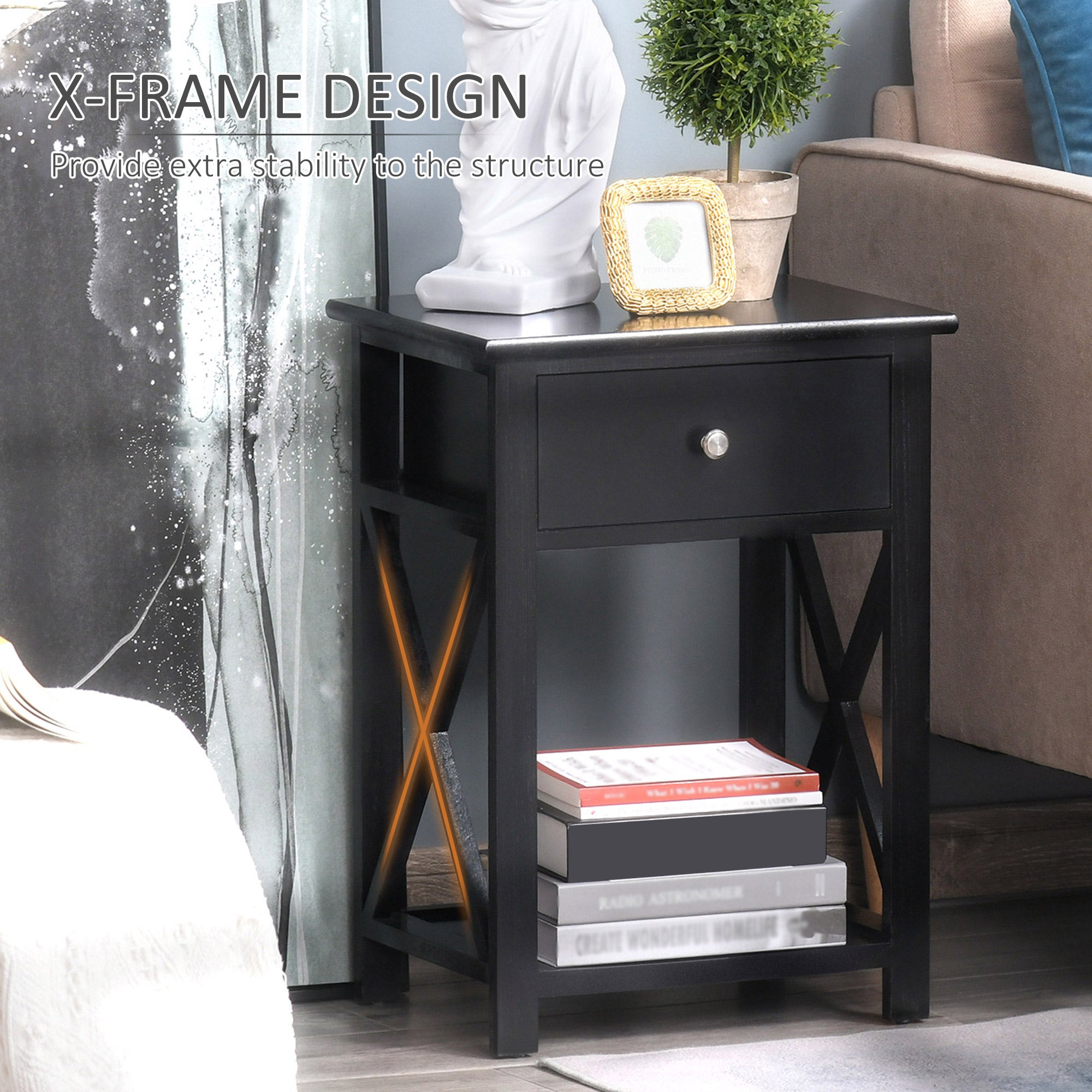 HOMCOM End Table, Sofa Side Table with Drawer X Bar Bottom Storage Shelf, Nightstand Bedside Table for Bedroom or Living Room Black 