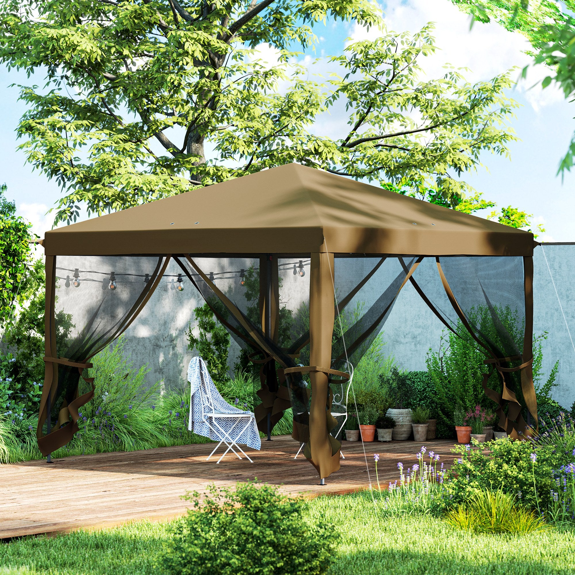 Outsunny 3 x 3\'c2\'a0m Pop Up Gazebo, 420D Garden Tent Canopy with Removable Mesh Sidewall Netting, Carry Bag for Garden Patio Outdoor, Khaki