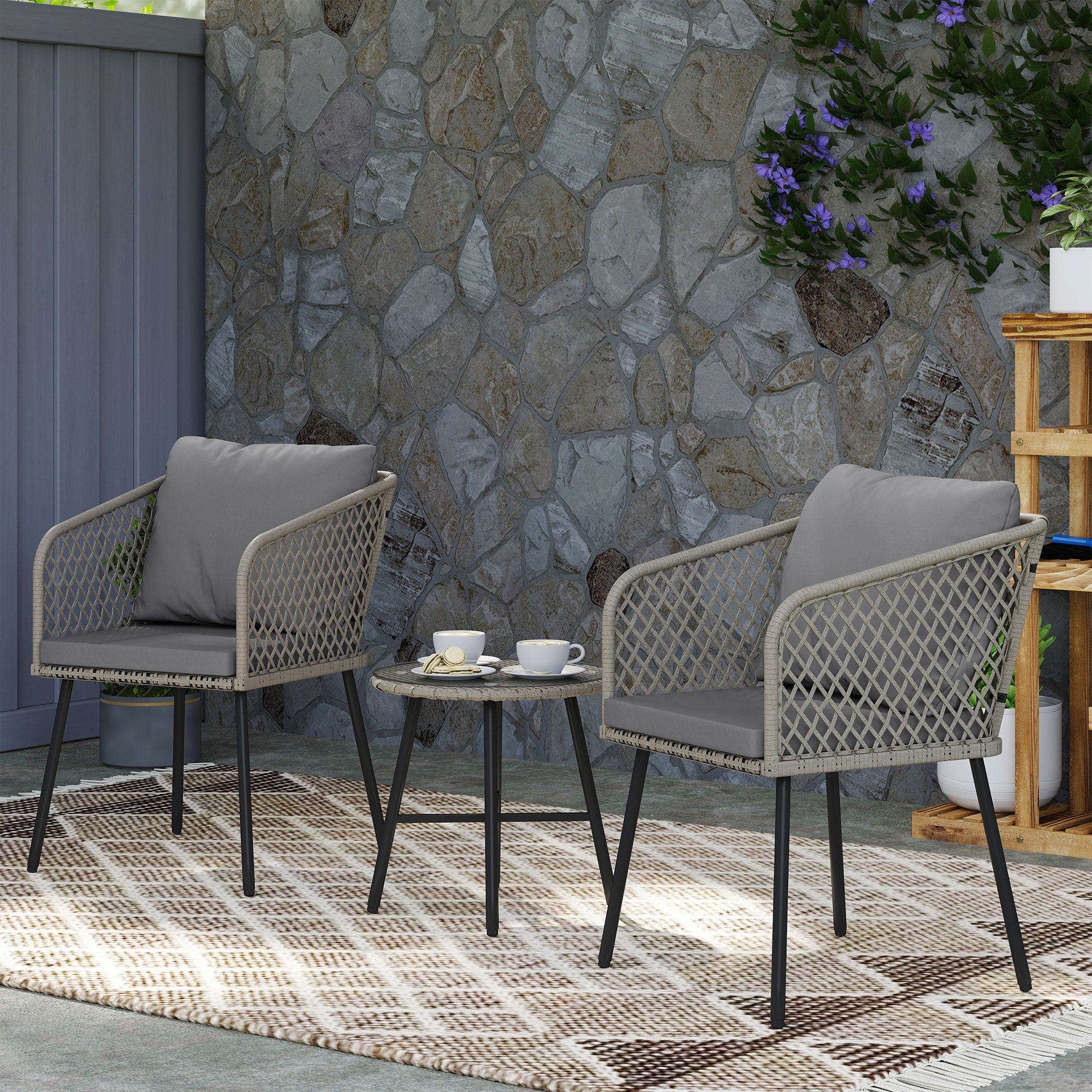 Outsunny 3 Piece Rattan Bistro Set with 2 Chairs, Tempered Glass Table, Cushions, Adjustable Foot Pads for Garden, Balcony, Grey