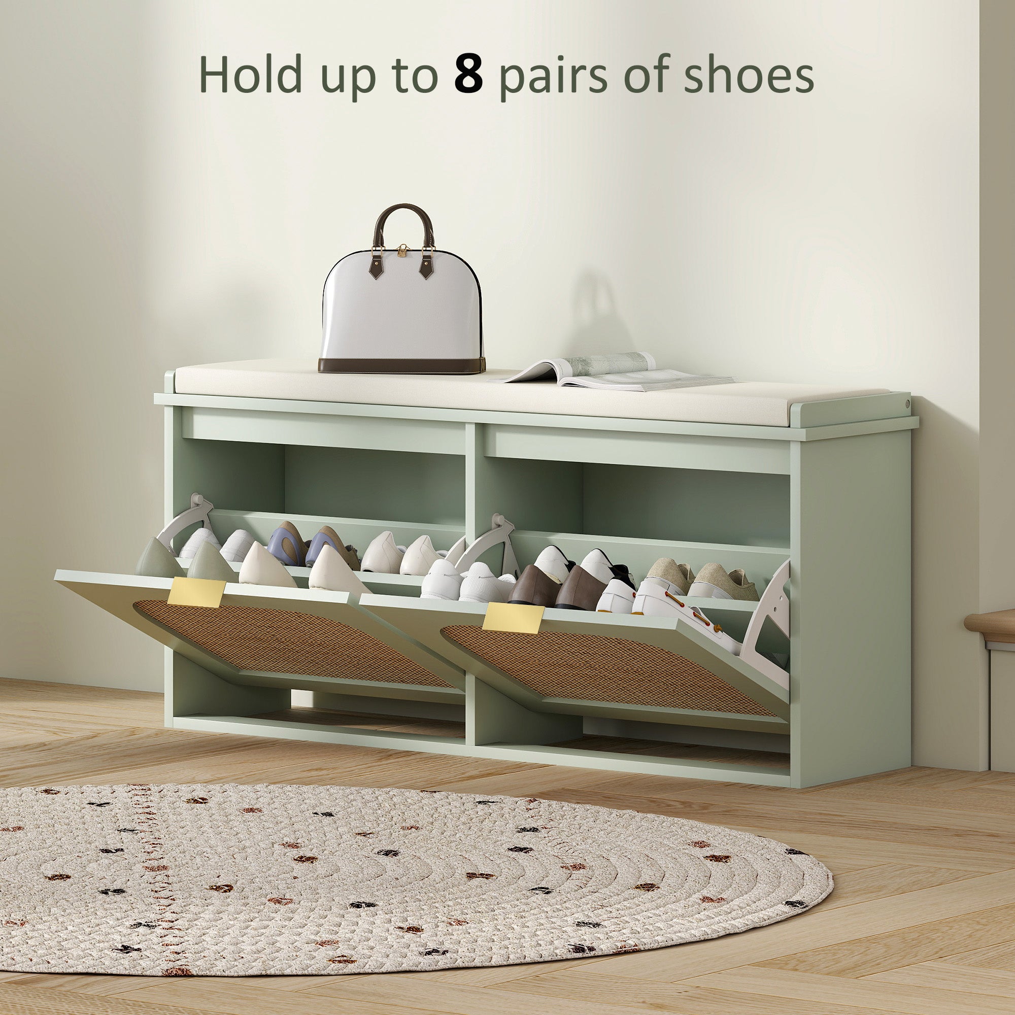 HOMCOM Boho Shoe Bench with Padded Seat and 2 Flip-Drawers - Light Green