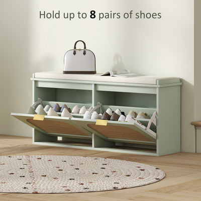 HOMCOM Boho Shoe Bench with Padded Seat and 2 Flip-Drawers - Light Green 