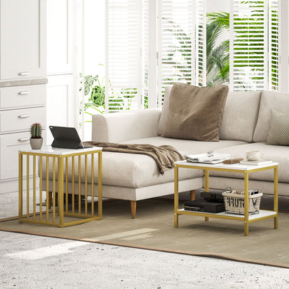 HOMCOM Modern Coffee Table Set of Two, Marble-Effect Nesting Side Tables with Steel Frame for Living Room, Gold Tone 