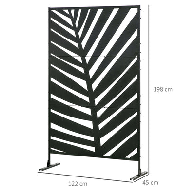 Outsunny Decorative Privacy Screen with Stand, 6.5FT Freestanding Metal Outdoor Divider, Decorative Privacy Panel with Expansion Screws for Garden Patio Pool Hot Tub, Banana Leaf Style, Black 