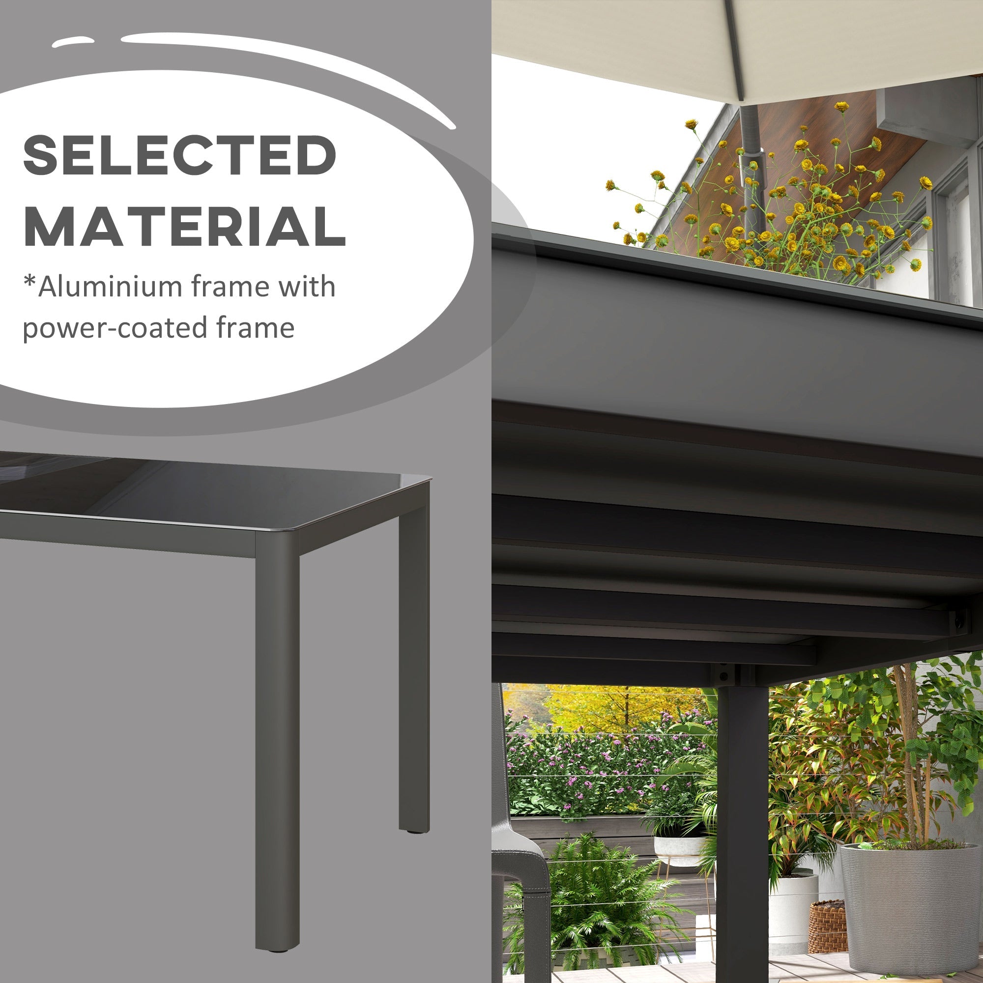 Outsunny 150cm x 88cm Aluminium Table, with Glass Tabletop - Grey 