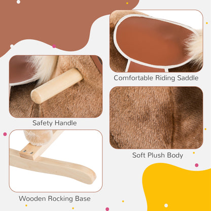HOMCOM Kids Children Plush Rocking Horse Wooden Base Ride On Toy Rocker with Handle Grip Traditional Toy Fun Gift for Age 3+ (Brown) 