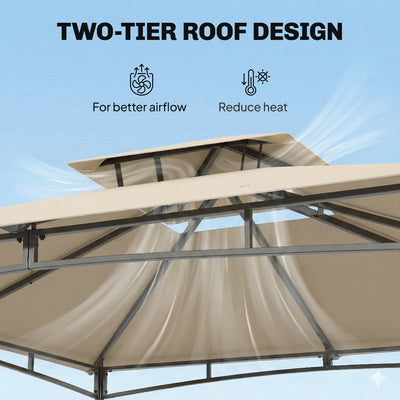 Outsunny 3 x 3 m Gazebo, Garden Gazebo with 2-Tier Roof, Metal Frame, Khaki 