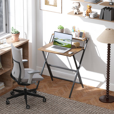 HOMCOM 70 cm Folding Computer Desk with Monitor Shelf - Rustic Brown 