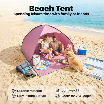 Outsunny Pop up Beach Tent, UV 50+ Sun Shelter with Carry Bag, 2x1.5m for 2-3 Person, Pink 