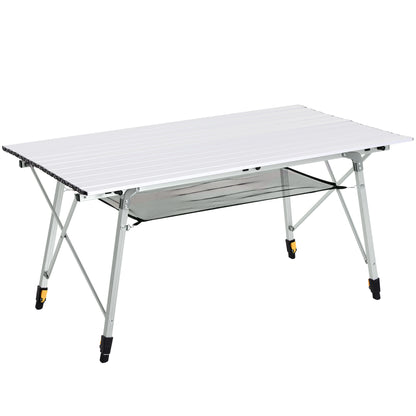 Outsunny 4FT Folding Aluminium Picnic Table Portable Camping BBQ Table Roll Up Top Mesh Layer Rack with Carrying Bag 
