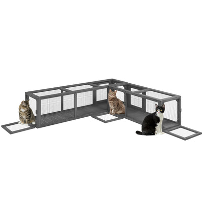 PawHut Cat Tunnel, 250cm Extra Long Wooden Cat Play Tunnel with 8 Doors, L-shape/Rectangle, Outdoor Cat Enclosure, Dark Grey 
