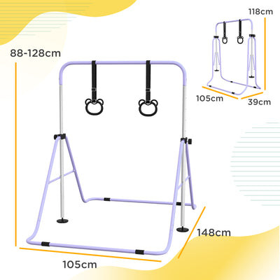 HOMCOM Adjustable Height, Foldable Kids Gymnastics Bar w/ Non-slip Rubber Floor Rings, for 3+ Years, Purple 