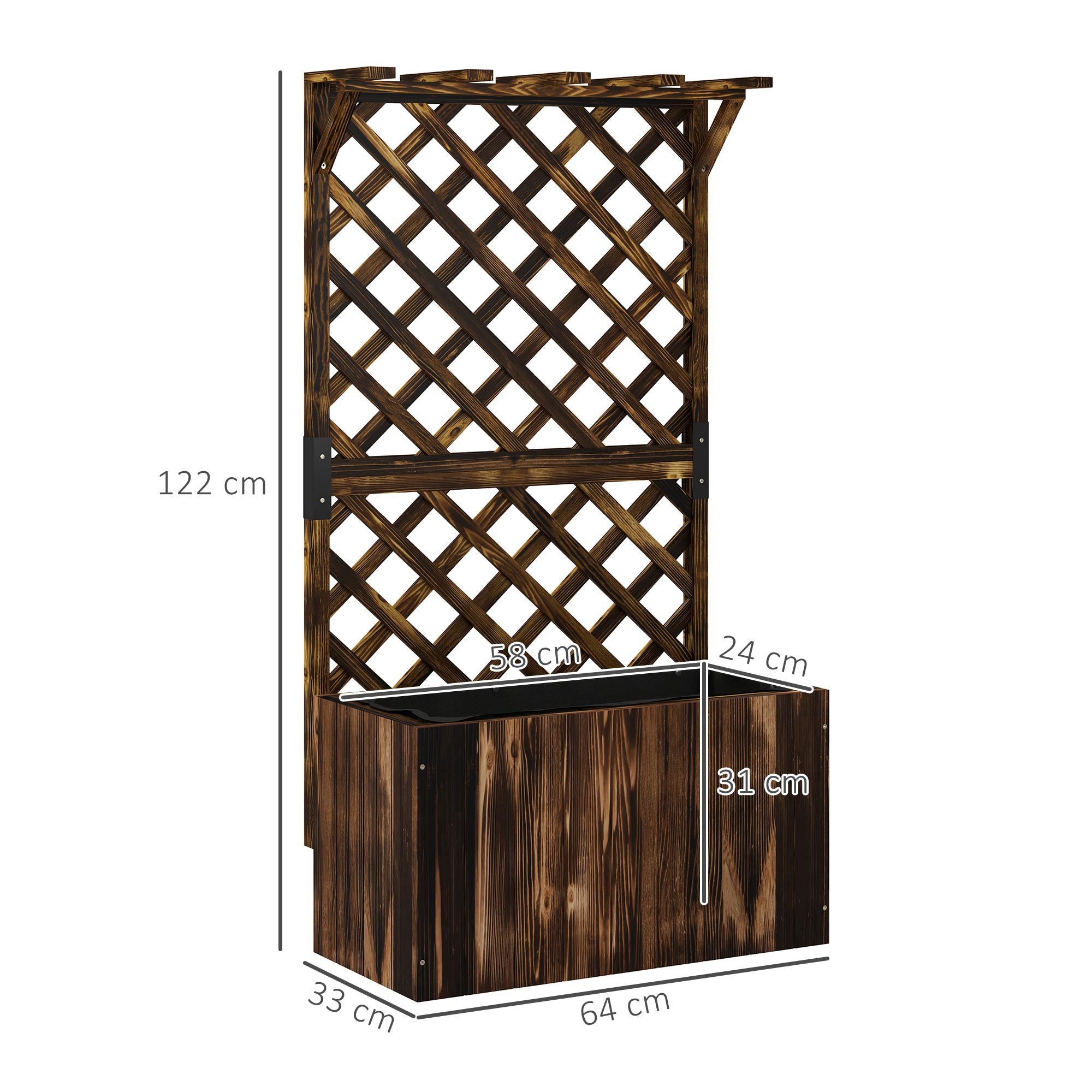Outsunny Wooden Planter with Trellis, Freestanding Raised Garden Bed with Drainage Holes, Outdoor Planter Box with Liner for Vegetables, Herbs and Flowers, Carbonised 