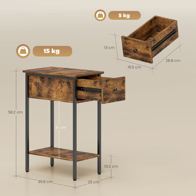 HOMCOM Narrow Side Table with Drawer and Storage Shelf - Rustic Brown 