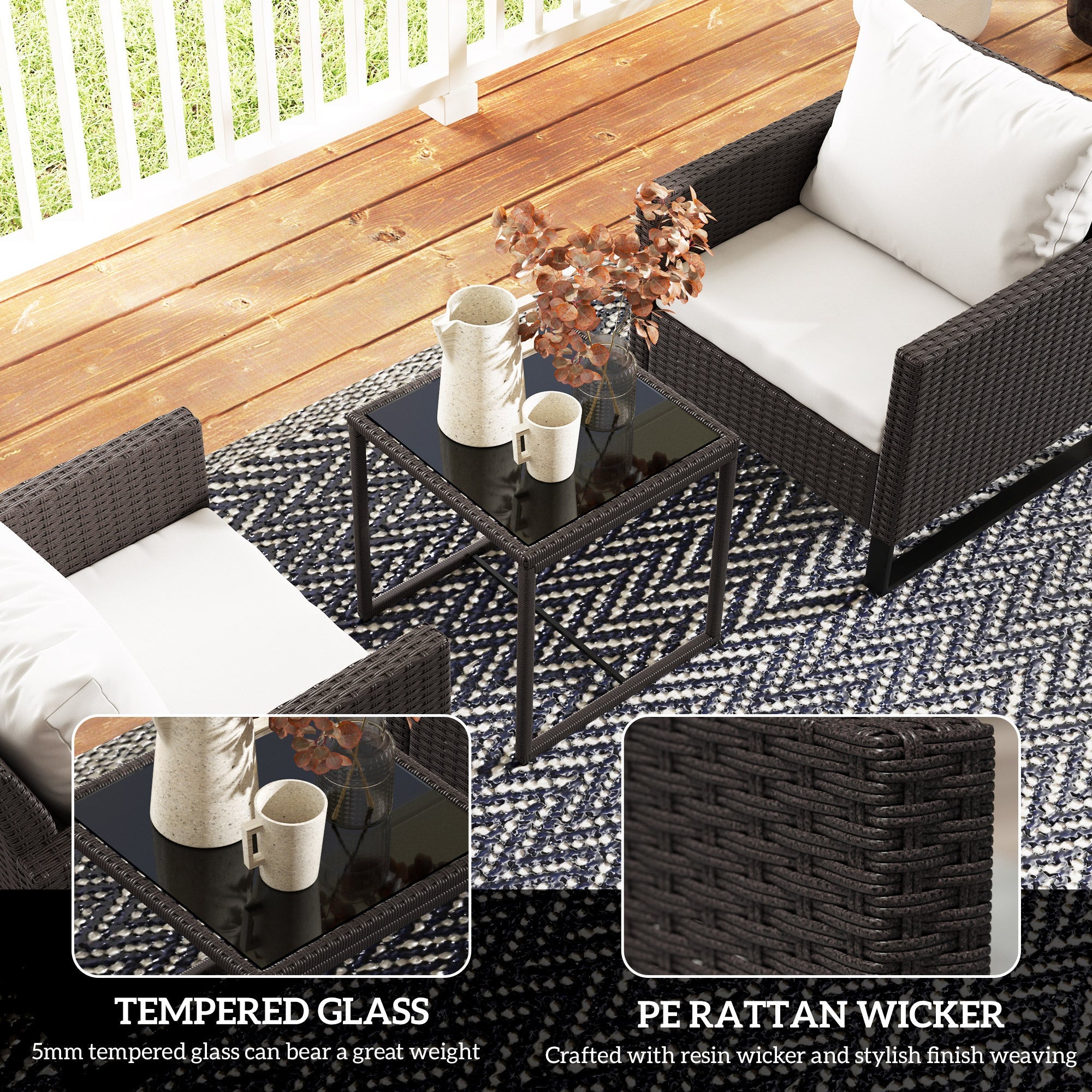 Outsunny 3 Pieces Rattan Bistro Set with 4 Cushions, Wicker Garden Furniture Set, Glass Top Coffee Table and Chairs for Outdoor Patio, Balcony, Terrace and Conservatory, Brown 