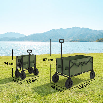 Outsunny 95L Foldable Festival Trolley on Wheels, Collapsible Wagon Cart with Adjustable Handle and 2 Cup Holders, Dark Green 