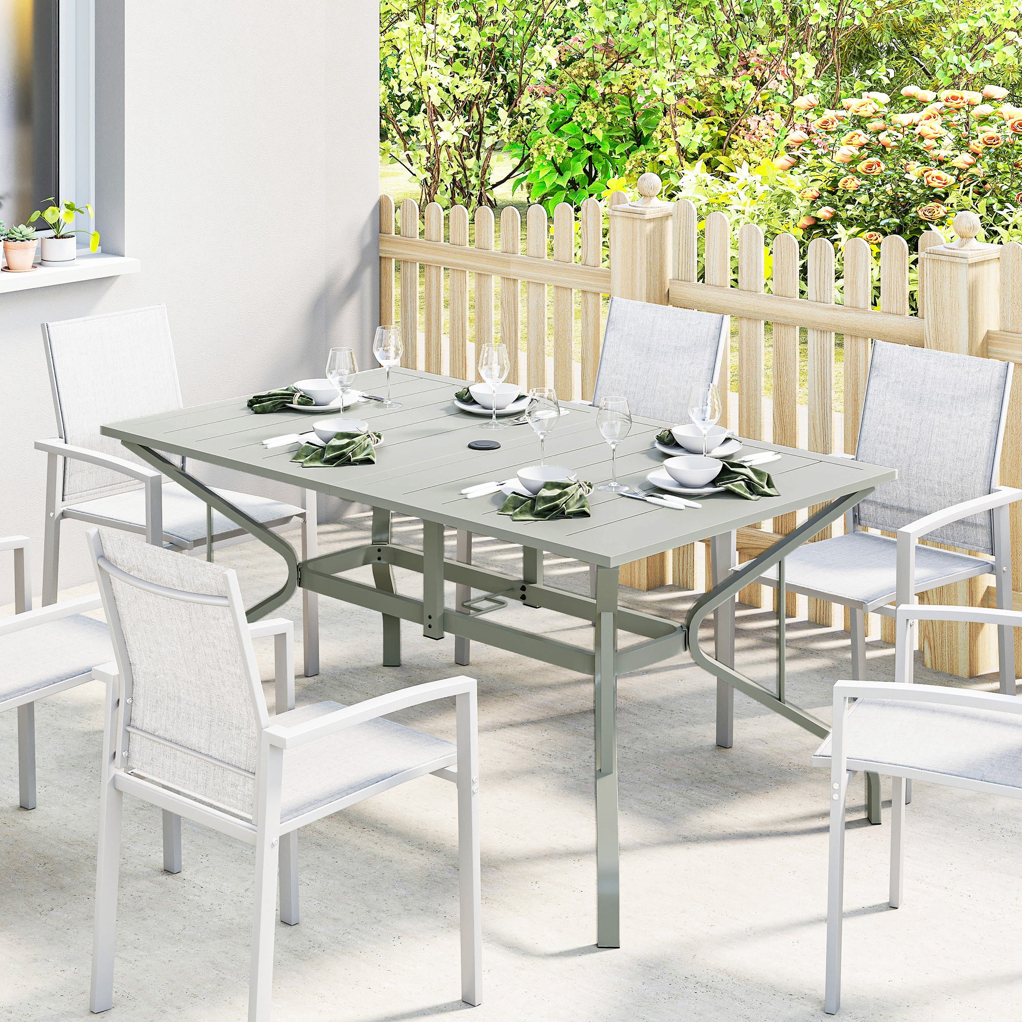 Outsunny Rectangle Garden Table with Parasol Hole, Outdoor Dining Table for 6, Patio Table for Balcony, 150cm x 90cm, Light Grey 