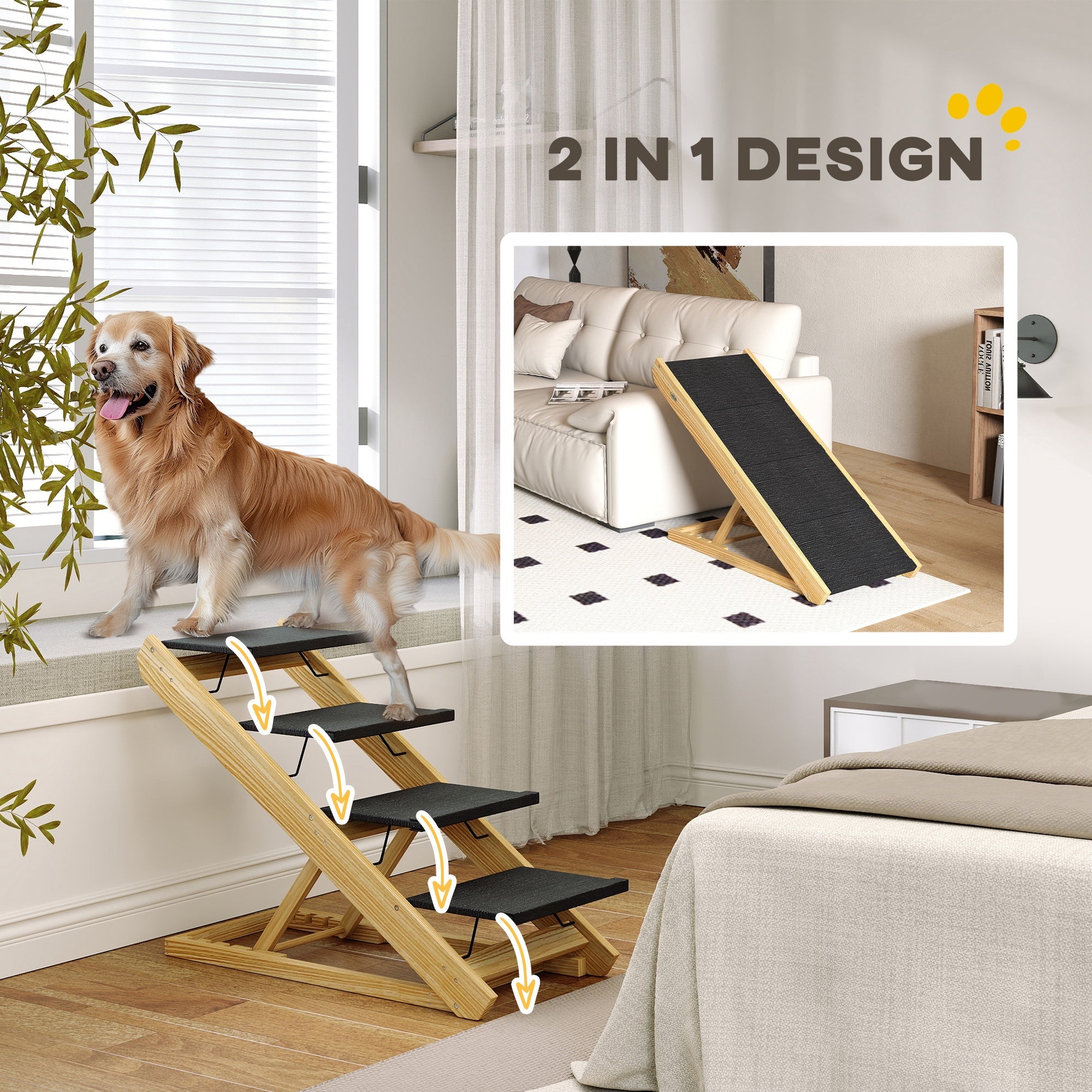 PawHut Adjustable Dog Steps Dog Ramp, 4-Step Non-slip Pet Stairs for Large Sized Dogs, Foldable Dog Stairs for Bed Sofa 