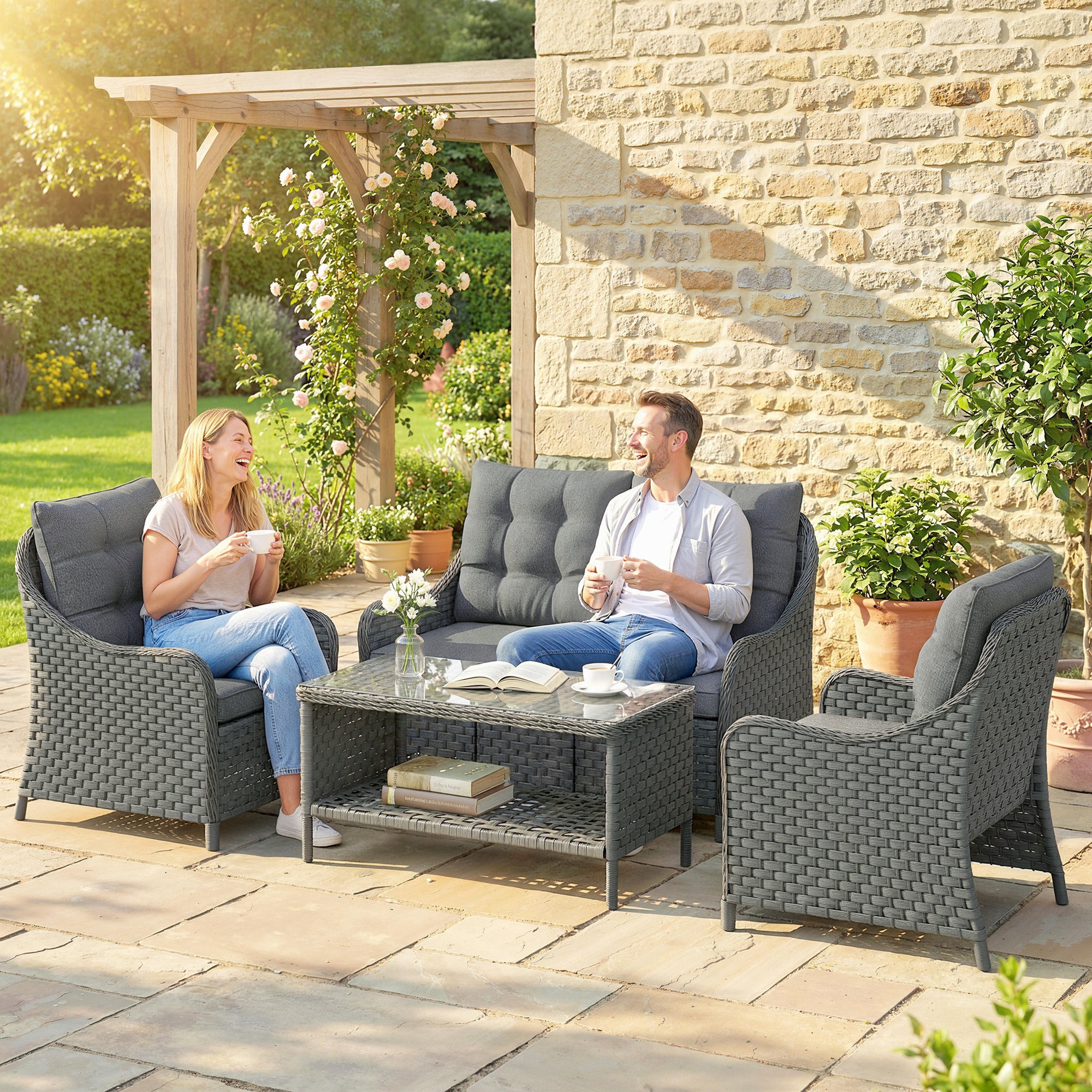 Outsunny 4-Piece Wicker Patio Furniture Set with 2 Armchairs, Loveseat, Glass Coffee Table, Conversation Sofa Set, Dark Grey 