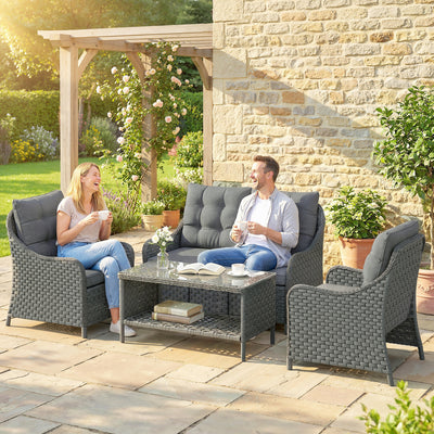Outsunny 4-Piece Wicker Patio Furniture Set with 2 Armchairs, Loveseat, Glass Coffee Table, Conversation Sofa Set, Dark Grey 