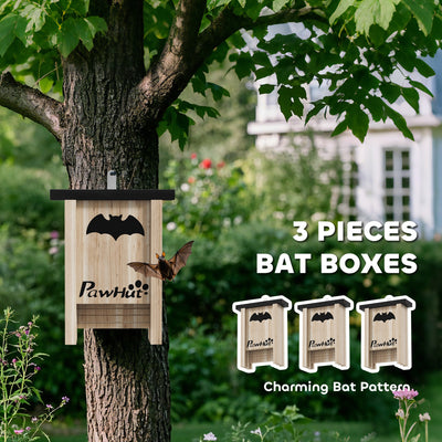 PawHut 3PCs Wooden Bat Boxes, Bat Houses Designed to Attract Bats & Easy to Hang for Outdoor, Garden, Farm, 18 x 6 x 22.5 cm 
