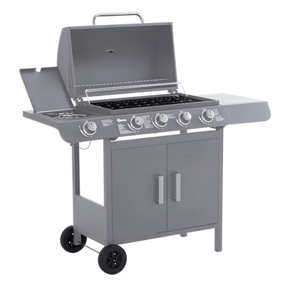 Outsunny 4+1 Burner Gas BBQ Grill, Outdoor Barbecue Trolley with Wheels, Warming Rack, Side Shelves, Cabinet, Thermometer for Garden, Party, Camping, 125 L x 51 W x 100 H cm, Grey 