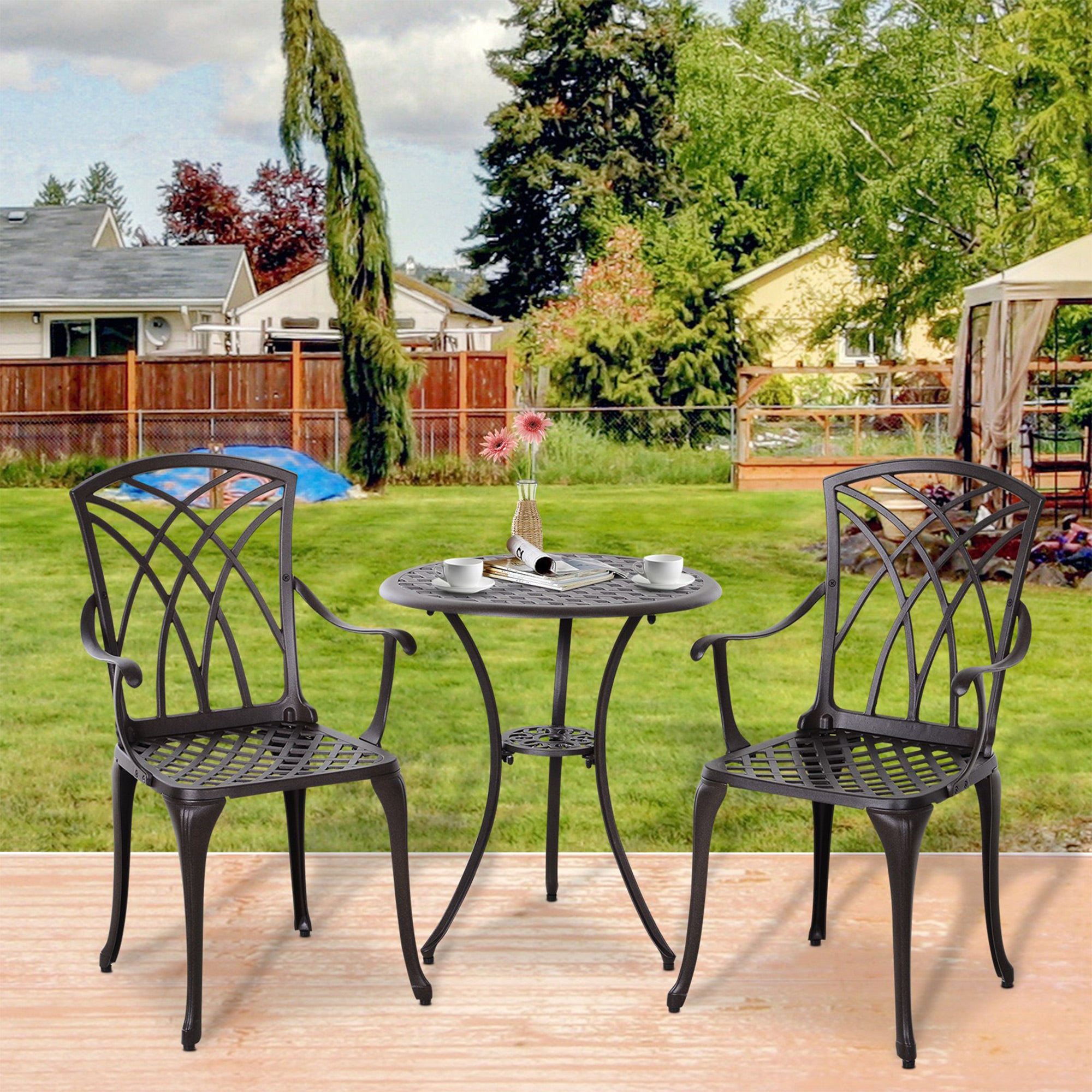 Outsunny 3 Pieces Garden Dining Set for 2, Cast Aluminium Outdoor Dining Set with 2 Armchairs and Round Dining Table with Parasol Hole, Garden Furniture Set, Brown 