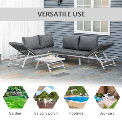 Outsunny 3 Pieces Garden Furniture Sets, 6 Seater Corner Sofa Set with Adjustable Backrest Chase Lounge with Slatted Metal Top Table, Padded Cushion, Grey 