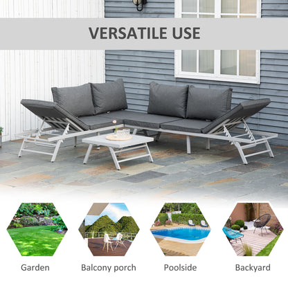 Outsunny 3 Pieces Garden Furniture Sets, 6 Seater Corner Sofa Set with Adjustable Backrest Chase Lounge with Slatted Metal Top Table, Padded Cushion, Grey 