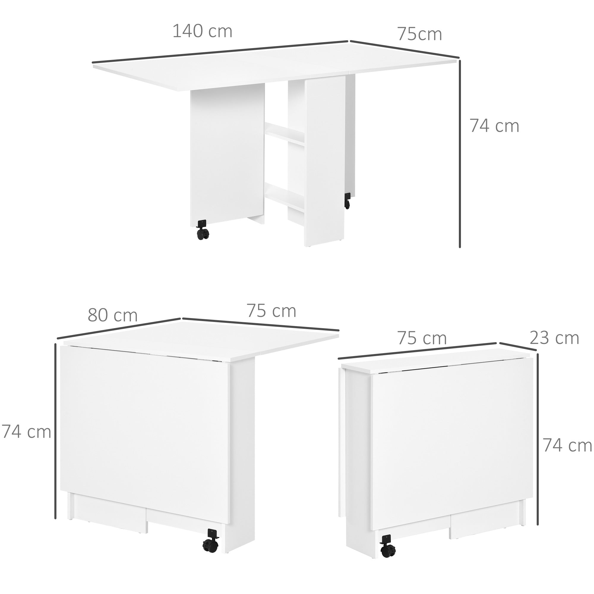 HOMCOM Folding Dining Table, Drop Leaf Table with 2-Tier Shelves, Rolling Casters, for Small Spaces, Kitchen, White 