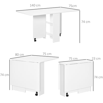 HOMCOM Folding Dining Table, Drop Leaf Table with 2-Tier Shelves, Rolling Casters, for Small Spaces, Kitchen, White 