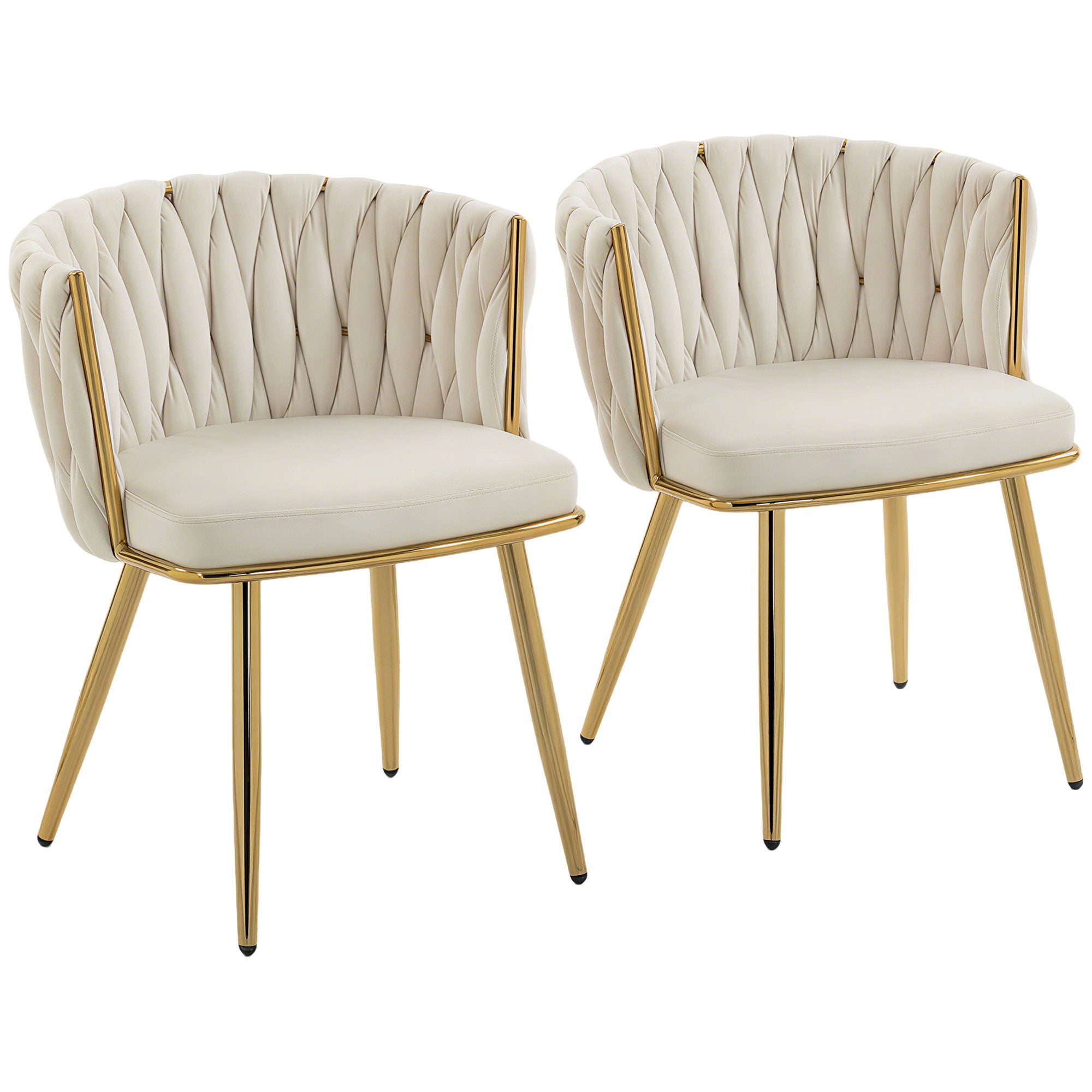HOMCOM Velvet-Feel Dining Chairs Set of 2, Modern Upholstered Armchair with Knot Design and Golden Metal Legs, Accent Chair for Dining Room, Bedroom, Kitchen, Living Room, Cream 