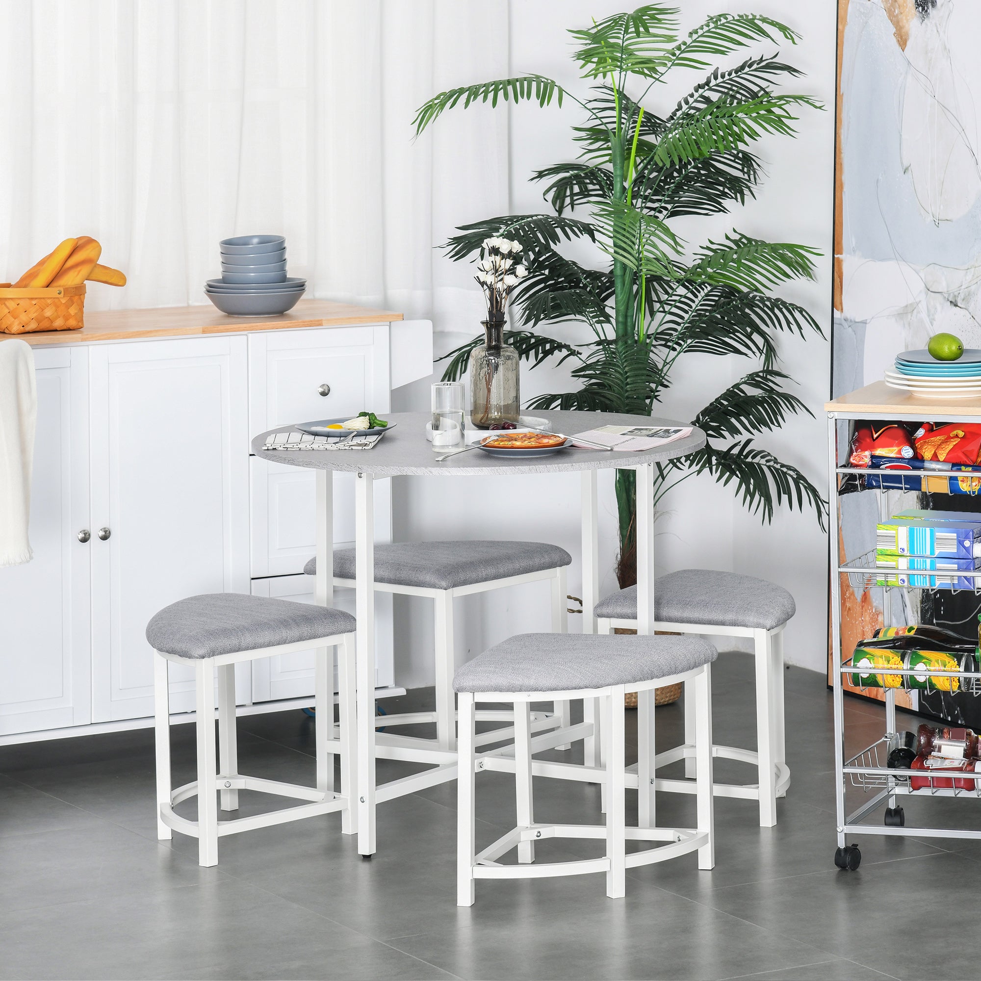 HOMCOM Modern Round Dining Table Set with 4 Upholstered Stools for Dining Room, Kitchen, Grey 