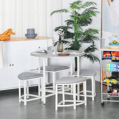HOMCOM Modern Round Dining Table Set with 4 Upholstered Stools for Dining Room, Kitchen, Grey 