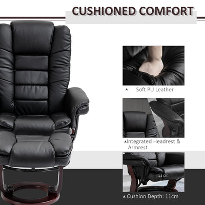 HOMCOM Manual Recliner and Footrest Set PU Leather Leisure Lounge Chair Armchair with Swivel Wood Base, Black 