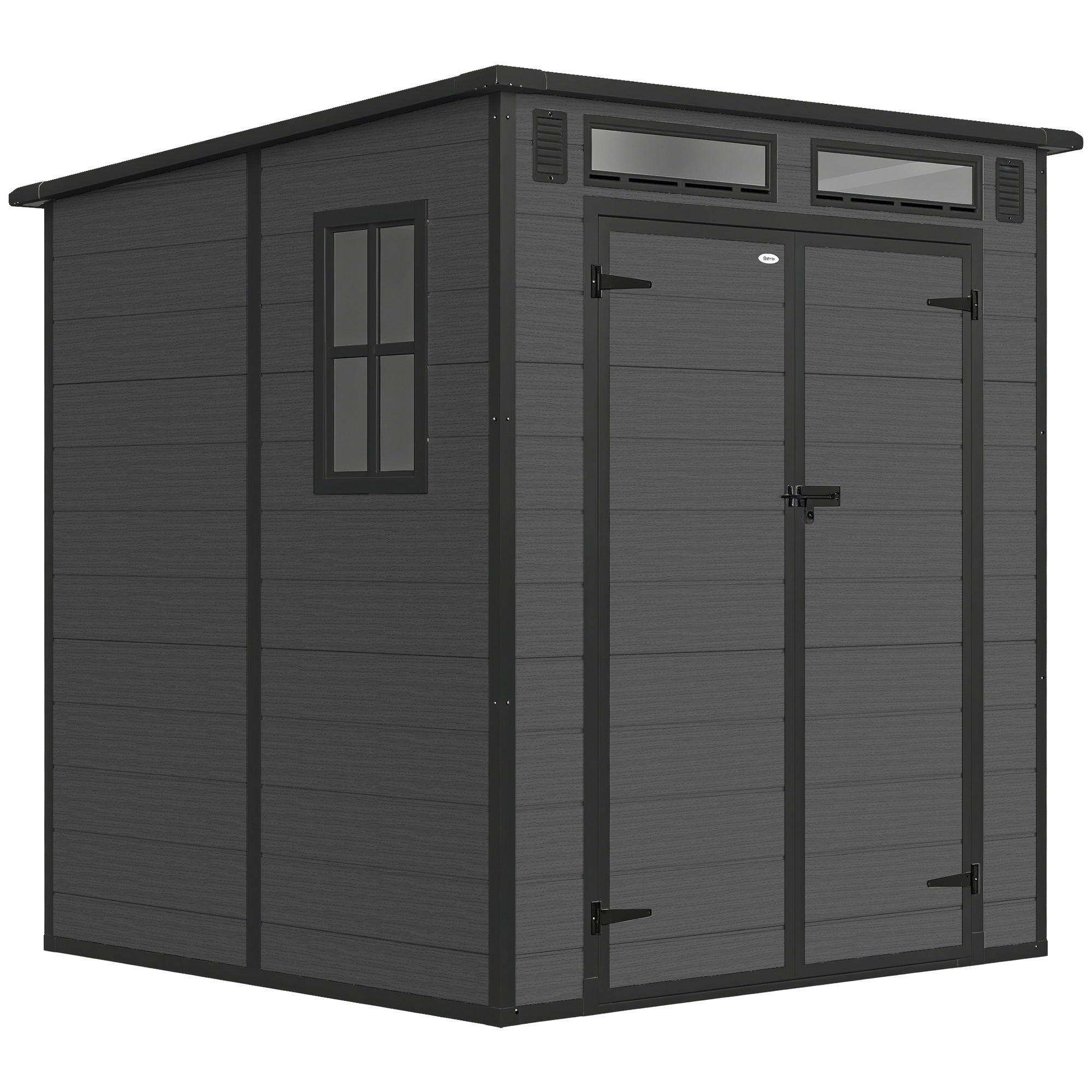 Outsunny 6 x 6 ft Plastic Garden Shed, Wood-Effect Outdoor Storage Shed with Floor, Windows, Lockable Doors and Vents, Dark Grey 