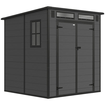 Outsunny 6 x 6 ft Plastic Garden Shed, Wood-Effect Outdoor Storage Shed with Floor, Windows, Lockable Doors and Vents, Dark Grey 