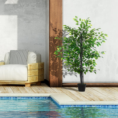 Outsunny 145cm Artificial Banyan Plant Faux Decorative Tree w/ Cement Pot Vibrant Greenery Shrubbery Indoor Outdoor Accessory 