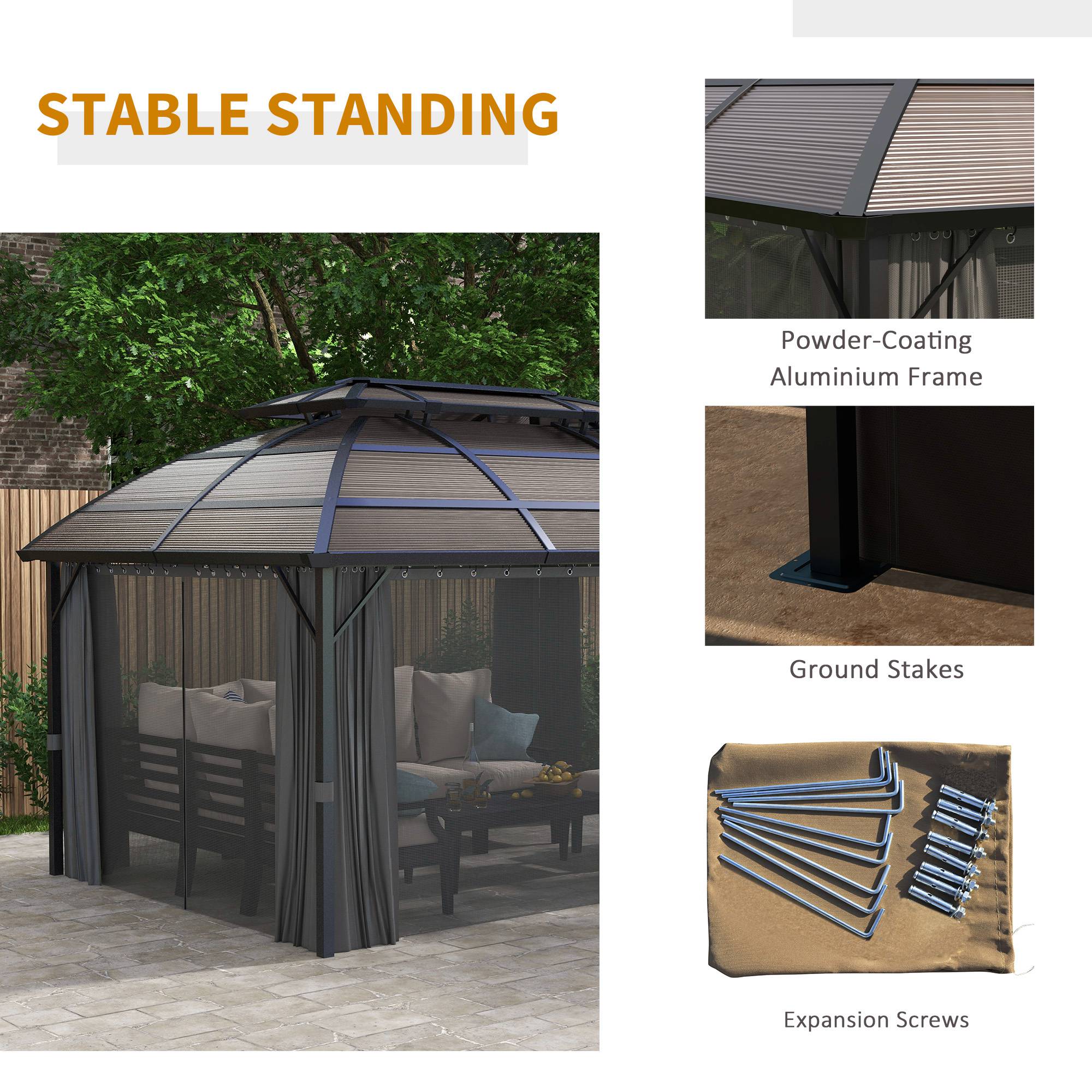 Outsunny 4 x 3m Aluminium Frame Hard Gazebo, with Accessories - Brown 