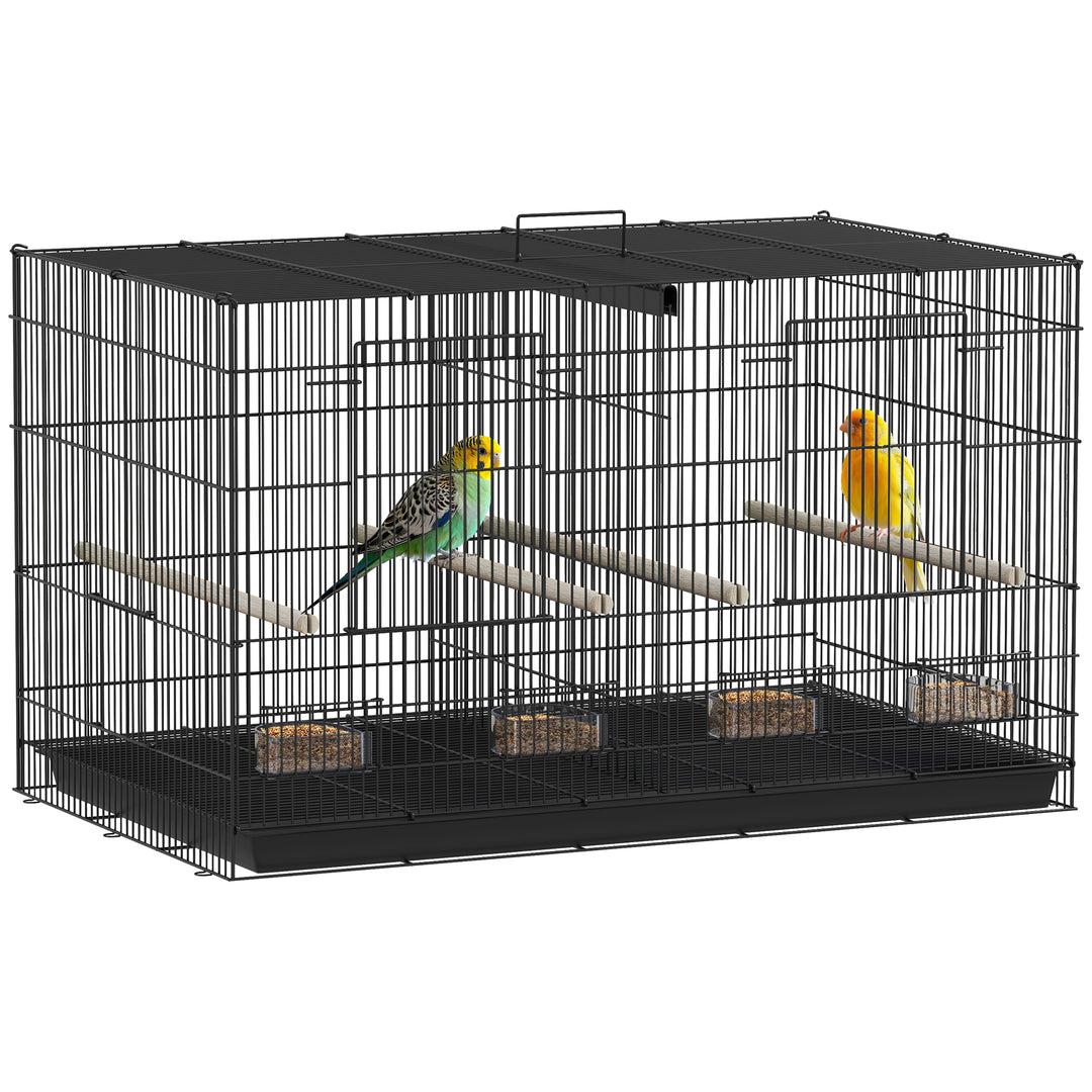PawHut Bird Cage with Divider, 4 Wooden Perches, Slide Out Tray, 4 Feeders, for Budgie, Lovebird, Canary, 76 x 46 x 46cm, Black 
