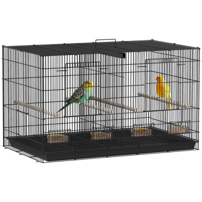 PawHut Bird Cage with Divider, 4 Wooden Perches, Slide Out Tray, 4 Feeders, for Budgie, Lovebird, Canary, 76 x 46 x 46cm, Black 