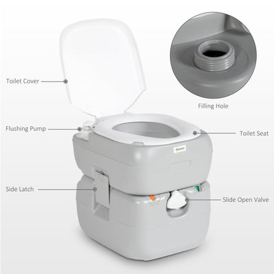 Outsunny Portable Toilet for Adults, 22L Camping Toilet with Seat, Lid and Anti-Leak Handle Pump, Outdoor Travel Toilet with Detachable Tanks for Camping, Boating, Hiking, Travel, RV, Grey 