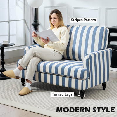 HOMCOM Modern Accent Chair, Velvet Armchair with Stripe, Turned Legs and Wide Seat, Upholstered Snuggle Chair for Living Room, Bedroom, Blue and White 
