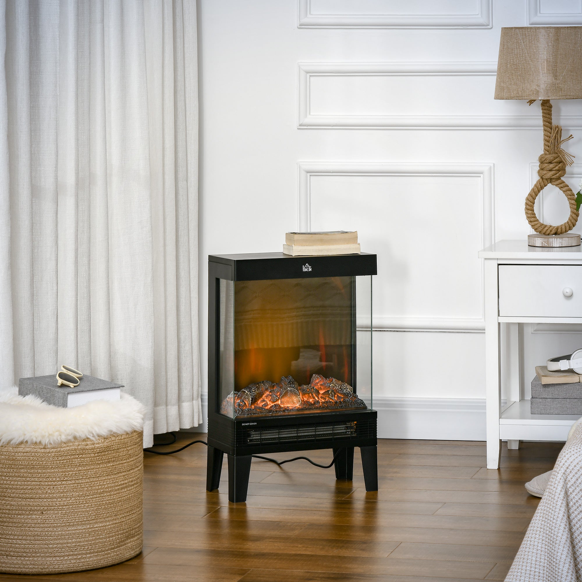 HOMCOM 180\'c2\'b0 Charming Electric Fireplace Heater, Quiet Freestanding Stove with LED Flame Effect, Level-less Temperature Control, Overheating Protection, 1000W/2000W, Black