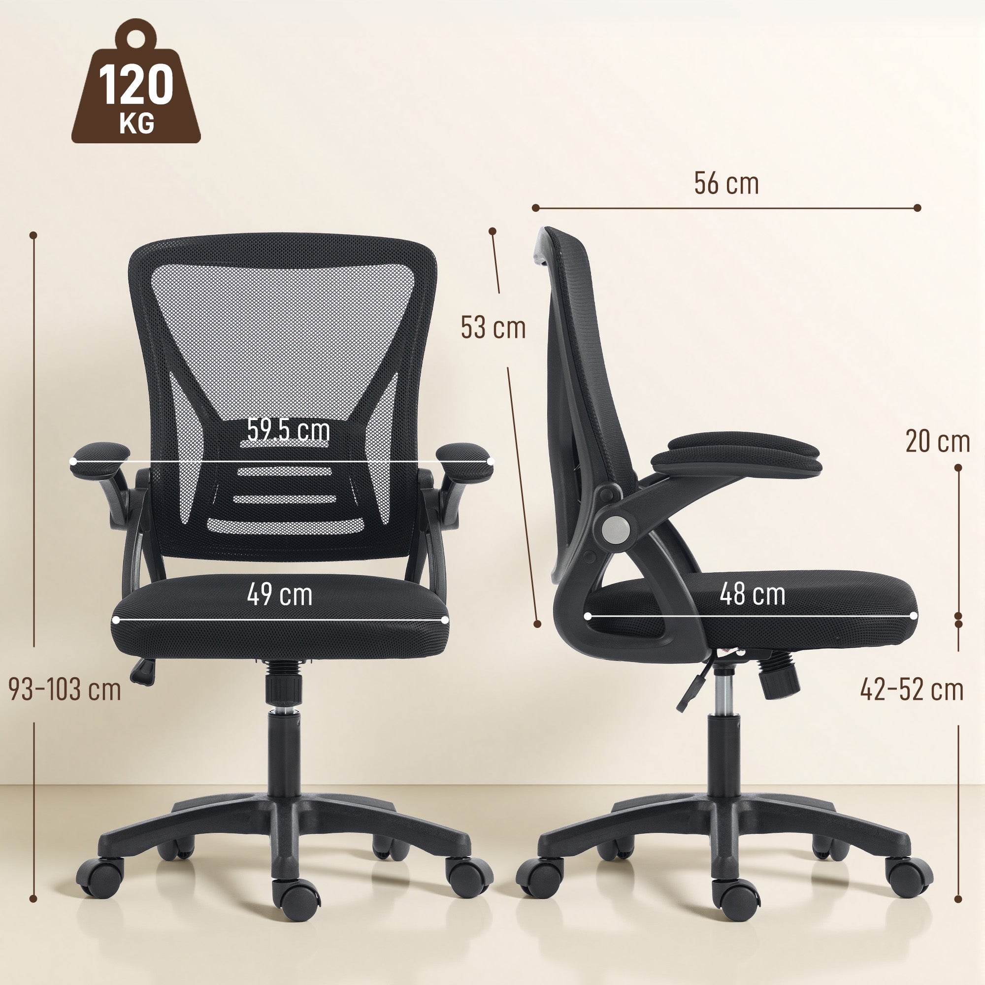 HOMCOM Office Chair, Mesh Desk Chair with Flip-up Armrests, Lumbar Support, Adjustable Height, Black 