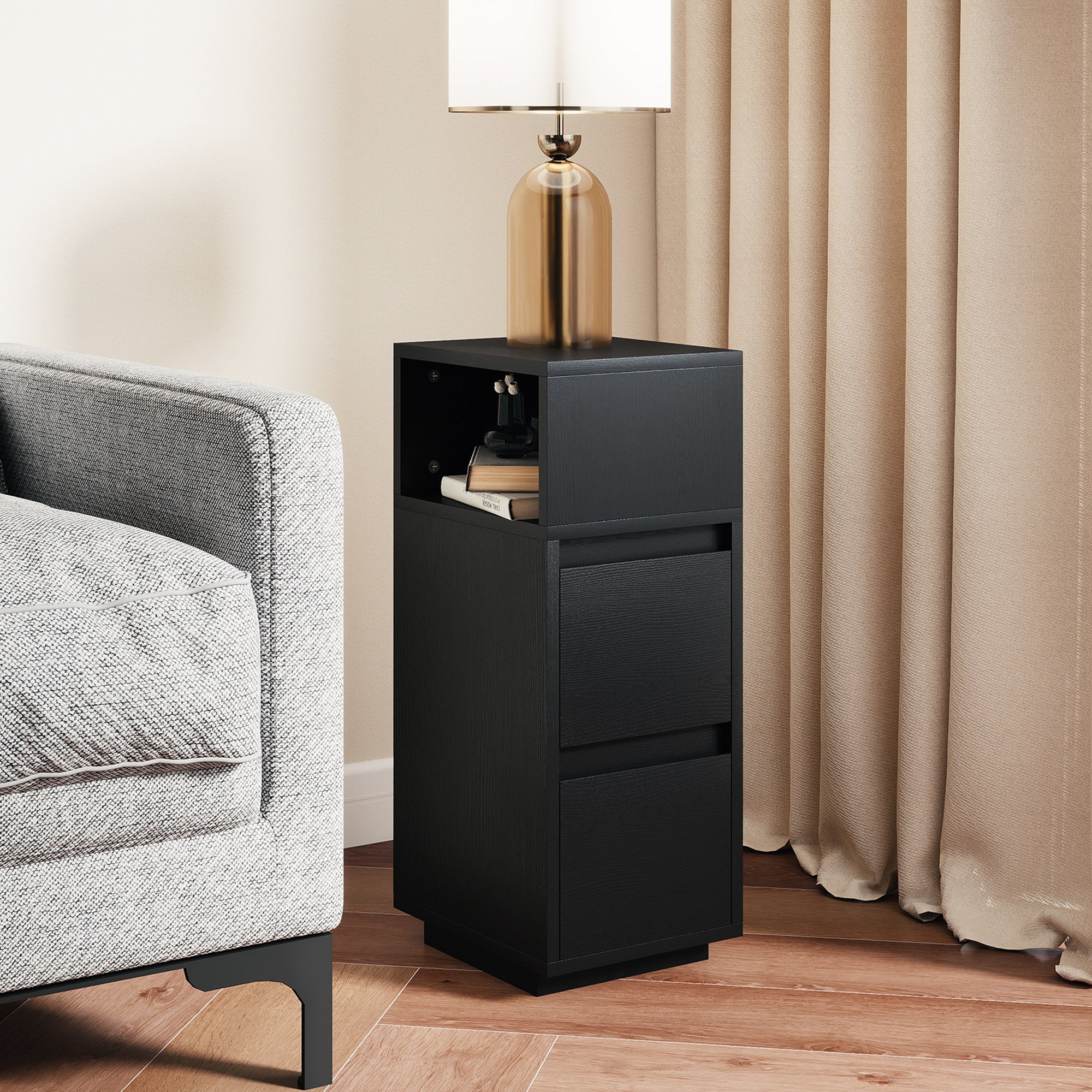 HOMCOM Slim Bedside Table, Narrow Bedside Cabinet with Open Shelf and 2 Drawers for Bedroom, Living Room, Black 