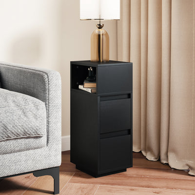 HOMCOM Slim Bedside Table, Narrow Bedside Cabinet with Open Shelf and 2 Drawers for Bedroom, Living Room, Black 