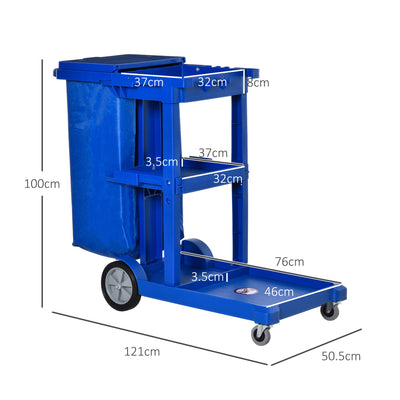 HOMCOM Janitor Cleaning Trolley, with Bin, Shelves and Hooks - Blue 